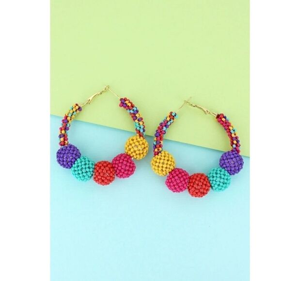 Multi-color Seed Bead Ball Hoop Earrings - Picture 8 of 8